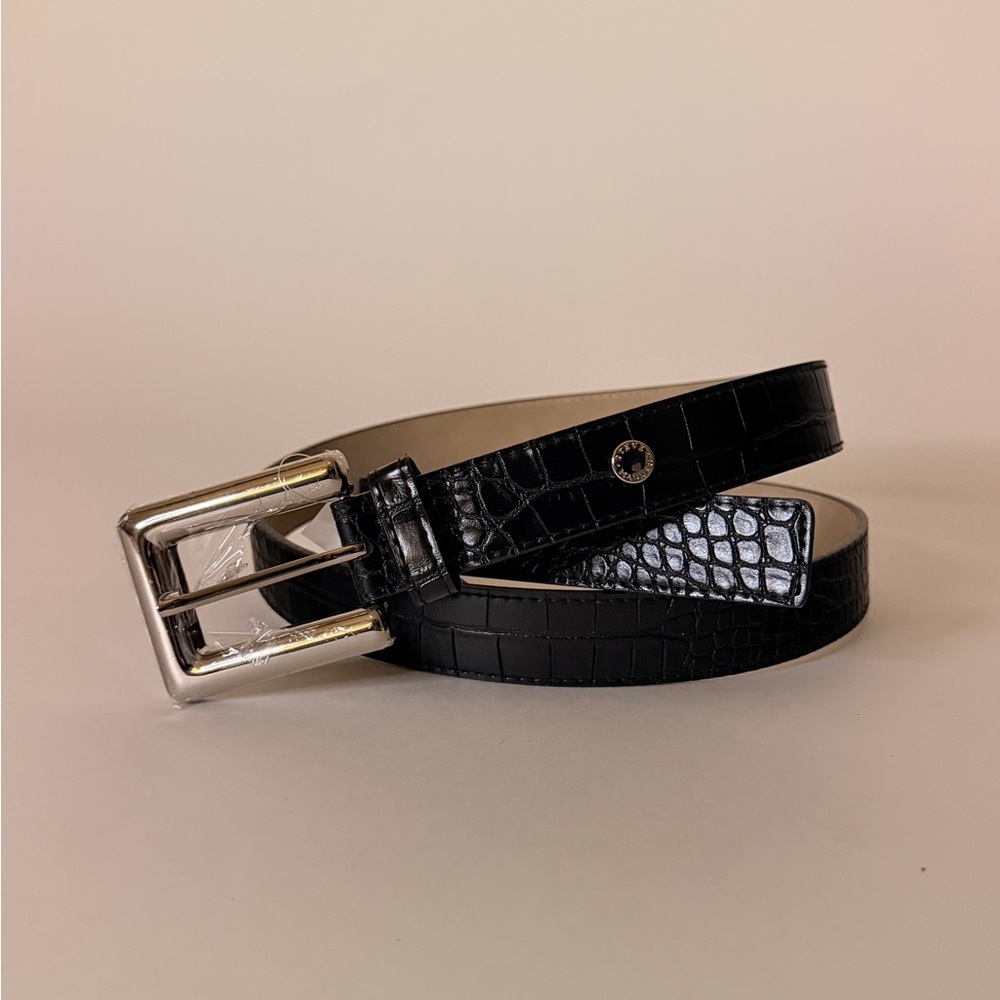 Steve Madden Black Croc-Embossed Belt with Silver Buckle